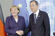 Secretary General Ban Ki-Moon and Chancellor Angela Merkel at joint press conference. 
<span id=