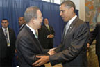 Secretary-General Ban Ki-moon greets US President Barack Obama as he arrives for the Climate Change Summit - © UN
