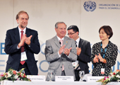 The dais during the closing of the MICs High-Level Conference. L-R: Sarwar Hobohm, Director for Strategic Planning, Donor Partnerships and Quality Assurance, UNIDO; Enrique Castillo Barrantes, Minister of Foreign Affairs, Costa Rica; and Yoriko Yasukawa, UN Resident Coordinator in Costa Rica.