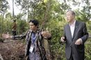 UN Secretary-General Ban Ki-moon (right) visits an indigenous community affected by deforestation in Borneo, Indonesia