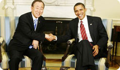 President Barack Obama shakes hands with United Nations Secretary-General Ban Ki-moon in the Oval Office of the White House March 10, 2009, in Washington, D.C. 
<span id=